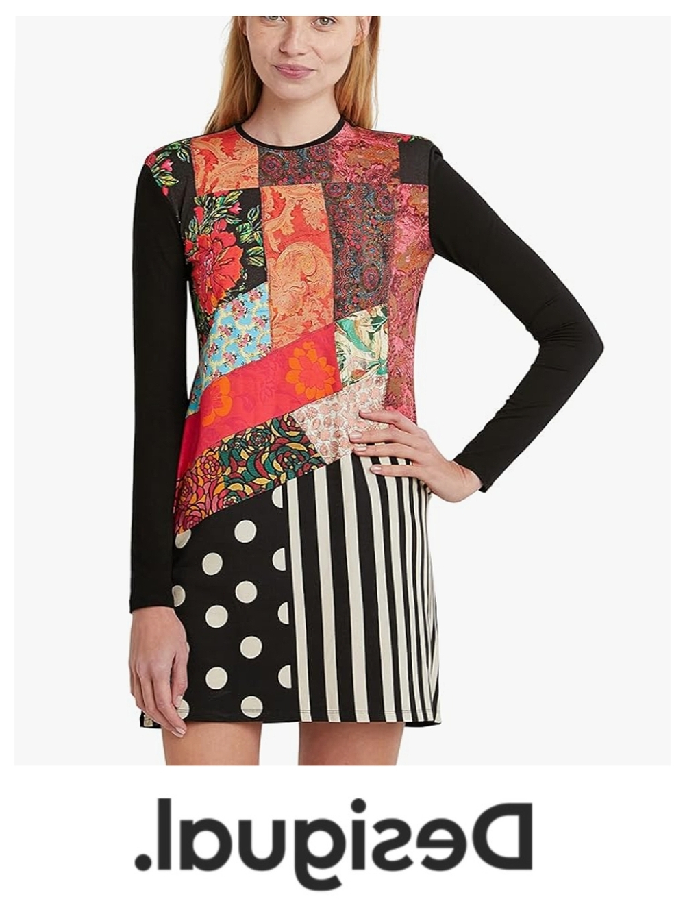 Desigual Boho YBORE Long Sleeve Patch Dress, Small 🧩🌸